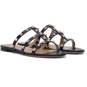 Valentino Garavani Navy Leather Rockstud Flat Sandals